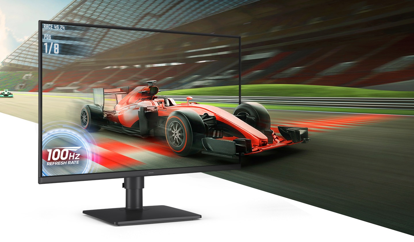 There is a racing car on a monitor which represents the 100Hz refresh rate.