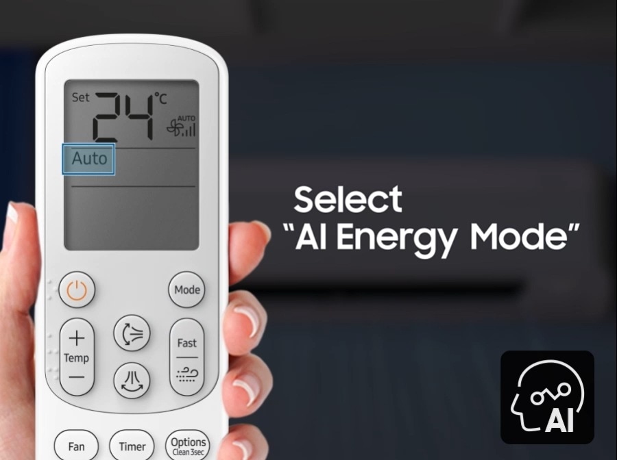 Shows the indoor unit analyzing its surroundings, including ‘Operation Time’, Indoor Temp.’, Setting Temp.’, and Outdoor Temp.’, along with the AI logo.