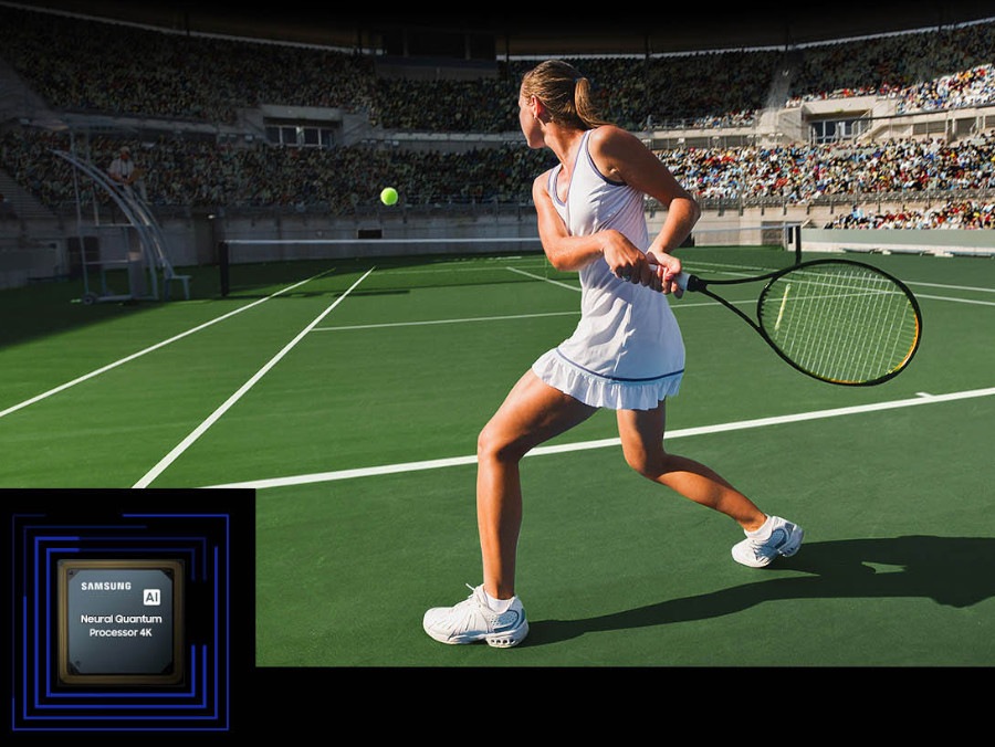 A girl playing tennis with the 4K Neural Processor logo in the bottom corner