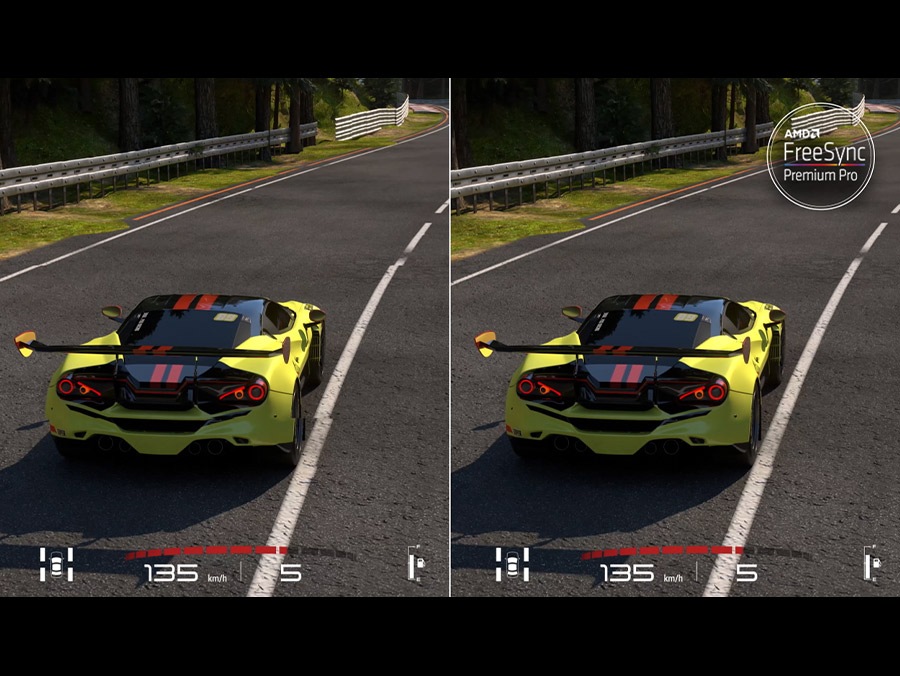 A racing car going around a track in a video game showing clarity of resolution side to side comparison