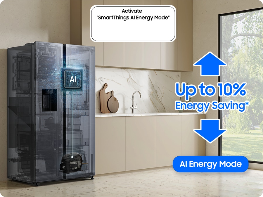 The refrigerator installed in the kitchen with the Activate “SmartThings AI Energy Mode” button ON. The AI Energy Mode is turned on, AI activated to check internal and manage the compressor, and a graph shows the UP to 10% Energy Saving effect when in AI Energy Mode compared to Normal mode.
