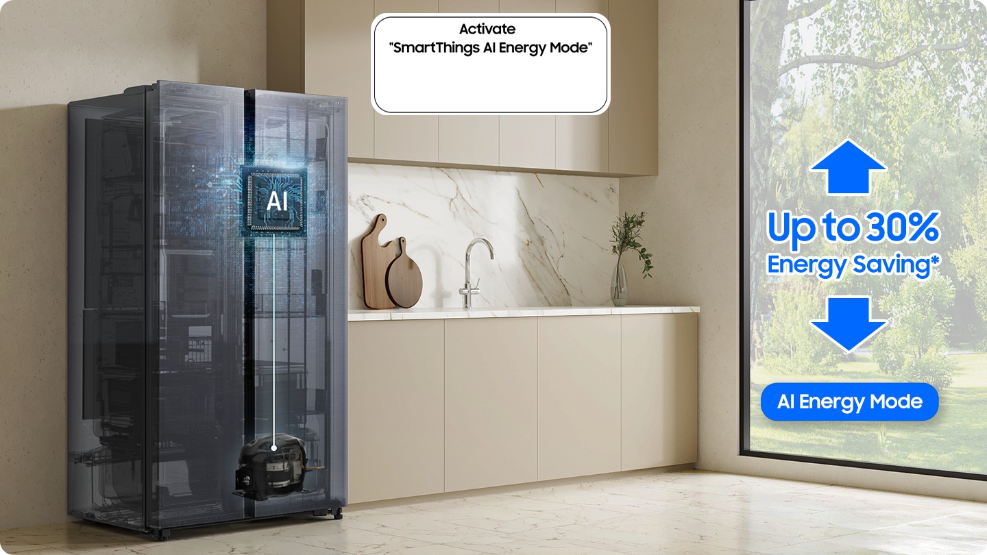 The refrigerator installed in the kitchen with the Activate “SmartThings AI Energy Mode” button ON. The AI Energy Mode is turned on, AI activated to check internal and manage the compressor, and a graph shows the UP to 30% Energy Saving effect when in AI Energy Mode compared to Normal mode.