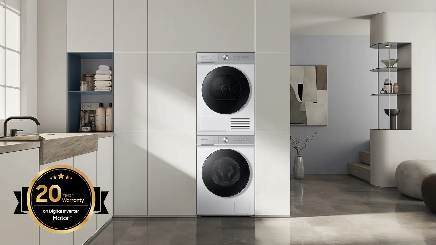 Bespoke 12kg washer and 9kg dryer are installed in the laundry room, with a stacking kit.