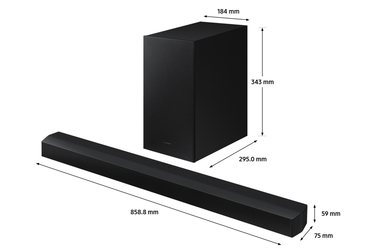 Dimension of Samsung Soundbar HW-B450(858.8 x 59 x 75 mm) with its subwoofer(343 x 184 x 295.0 mm). Dimension of 858.8 mm Samsung Soundbar HW-B450 with its subwoofer.