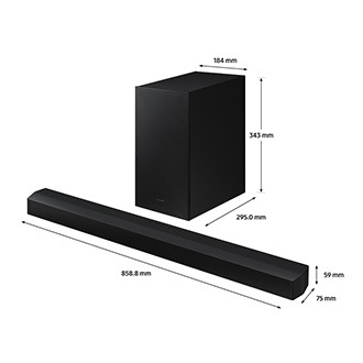 Dimension of Samsung Soundbar HW-B450(858.8 x 59 x 75 mm) with its subwoofer(343 x 184 x 295.0 mm). Dimension of 858.8 mm Samsung Soundbar HW-B450 with its subwoofer.