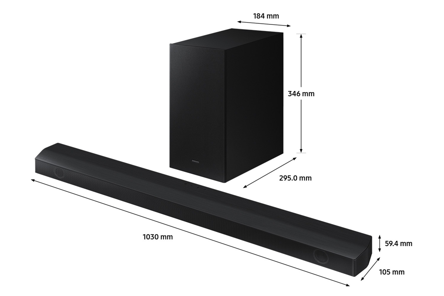 Dimension of Samsung Soundbar HW-B650(1030 x 59.4 x 105 mm) with its subwoofer(346 x 184 x 295.0 mm).  Dimension of 1030mm Samsung Soundbar HW-B650 with its subwoofer.