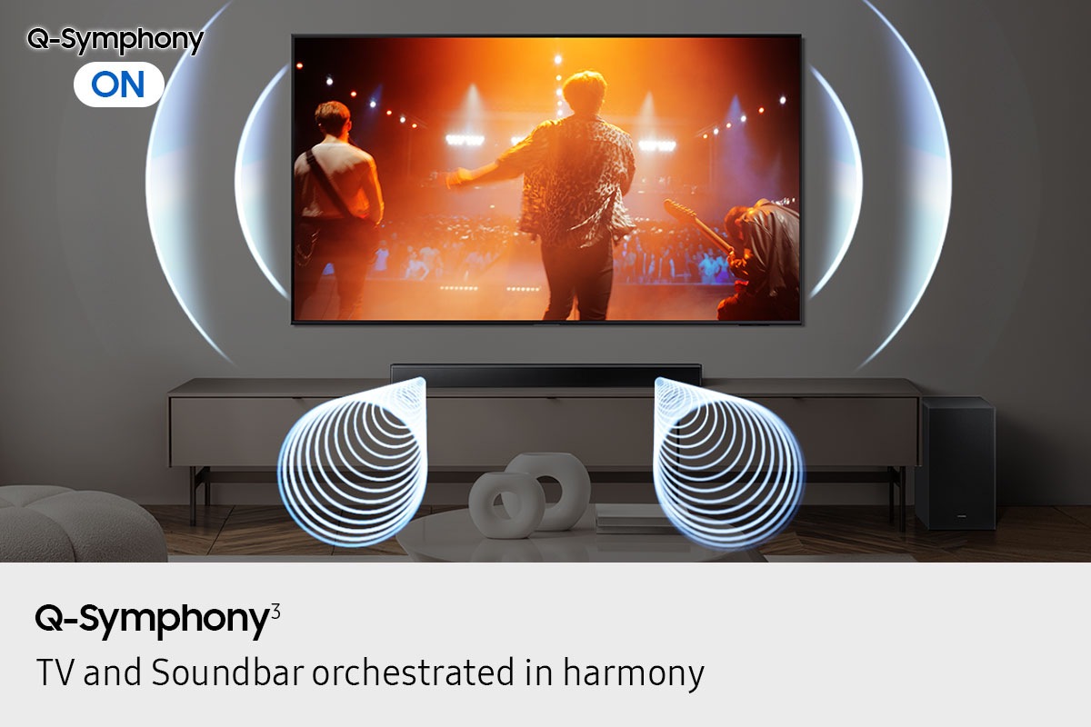 Dolby Audio and DTS Virtual:X sound play from a B650F soundbar below a TV, as indicated by various sound waves.