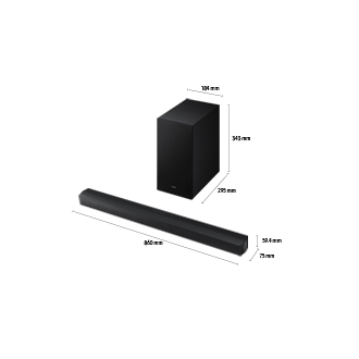 Dimensions of Samsung Soundbar HW-B650F(860 x 59.4 x 75 mm) with its subwoofer(184 x 343 x 295 mm).	