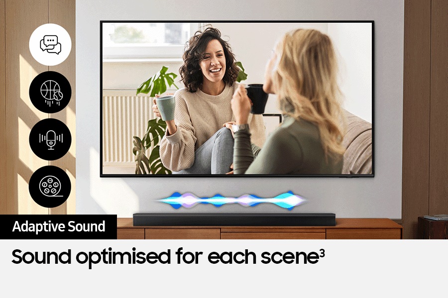 A TV shows a scene of two women talking. Adaptive Sound optimises the Soundbar's audio, shown by a fluctuating sound wave.