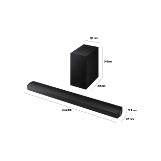 Dimensions of Samsung Soundbar HW-B750F(1030 x 59.4 x 105 mm) with its subwoofer(184 x 343 x 295 mm).	