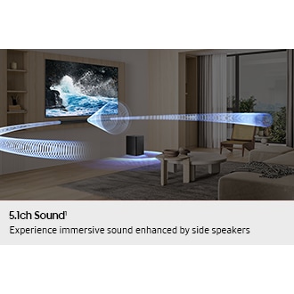 Living room setting with TV and B750F setup. Sound waves from the soundbar and subwoofer travel around and fill the room.