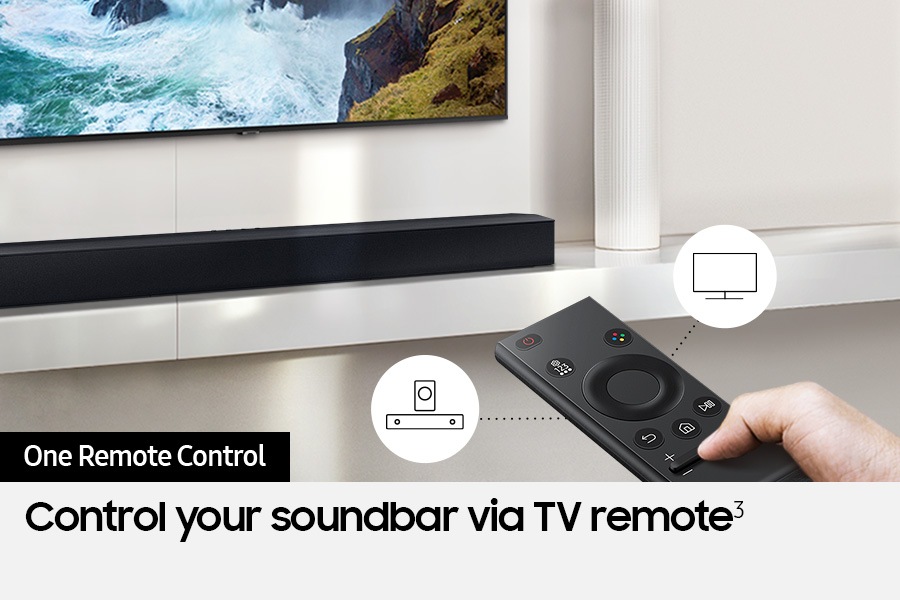 A user controls both soundbar and TV functions with Samsung TV remote.