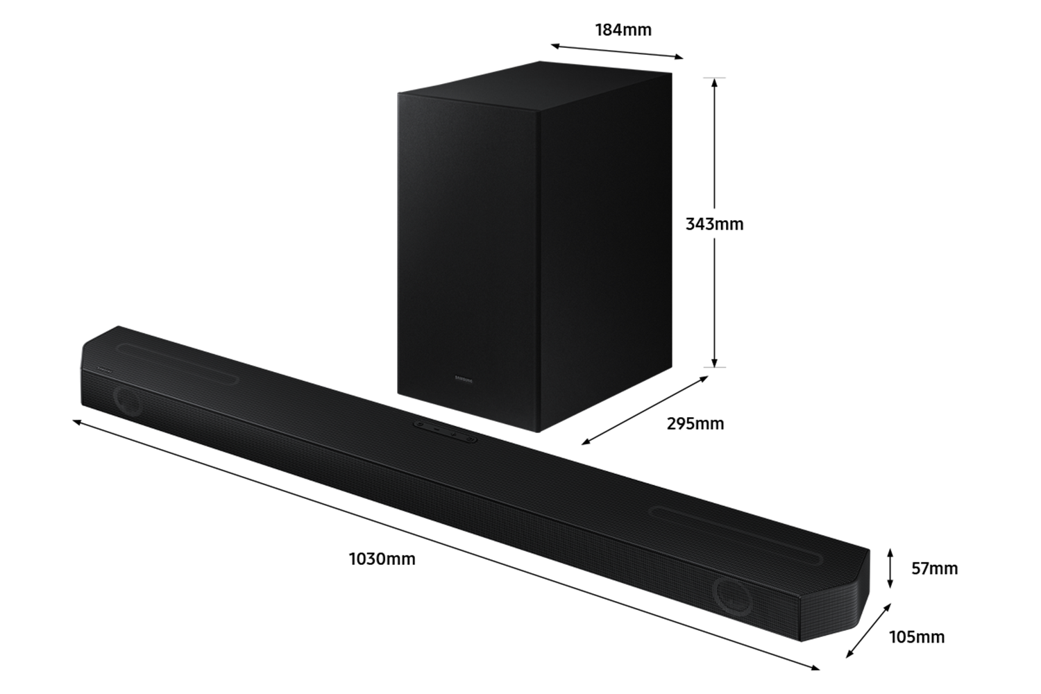 Dimension of Samsung Soundbar HW-Q600B(1030x57x105 mm) with its subwoofer(295x343x184 mm).  Dimension of 1030mm Samsung Soundbar HW-Q600B with its subwoofer.