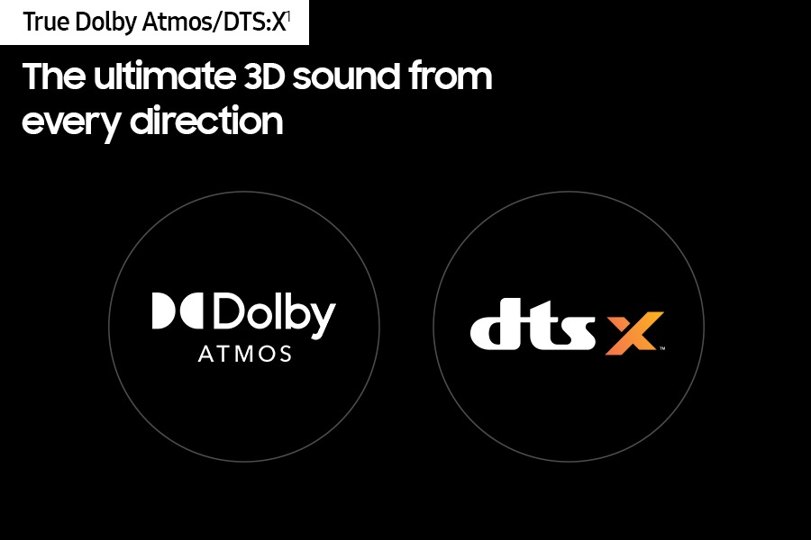 Dolby Atmos logo and DTSx logo.