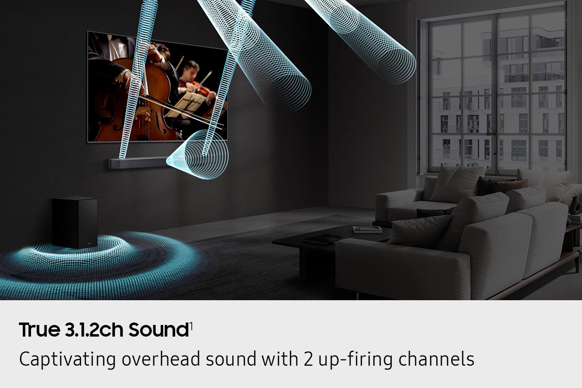 Living room setting with TV and Q600F setup. Sound waves from soundbar and subwoofer travel around and fill the room.