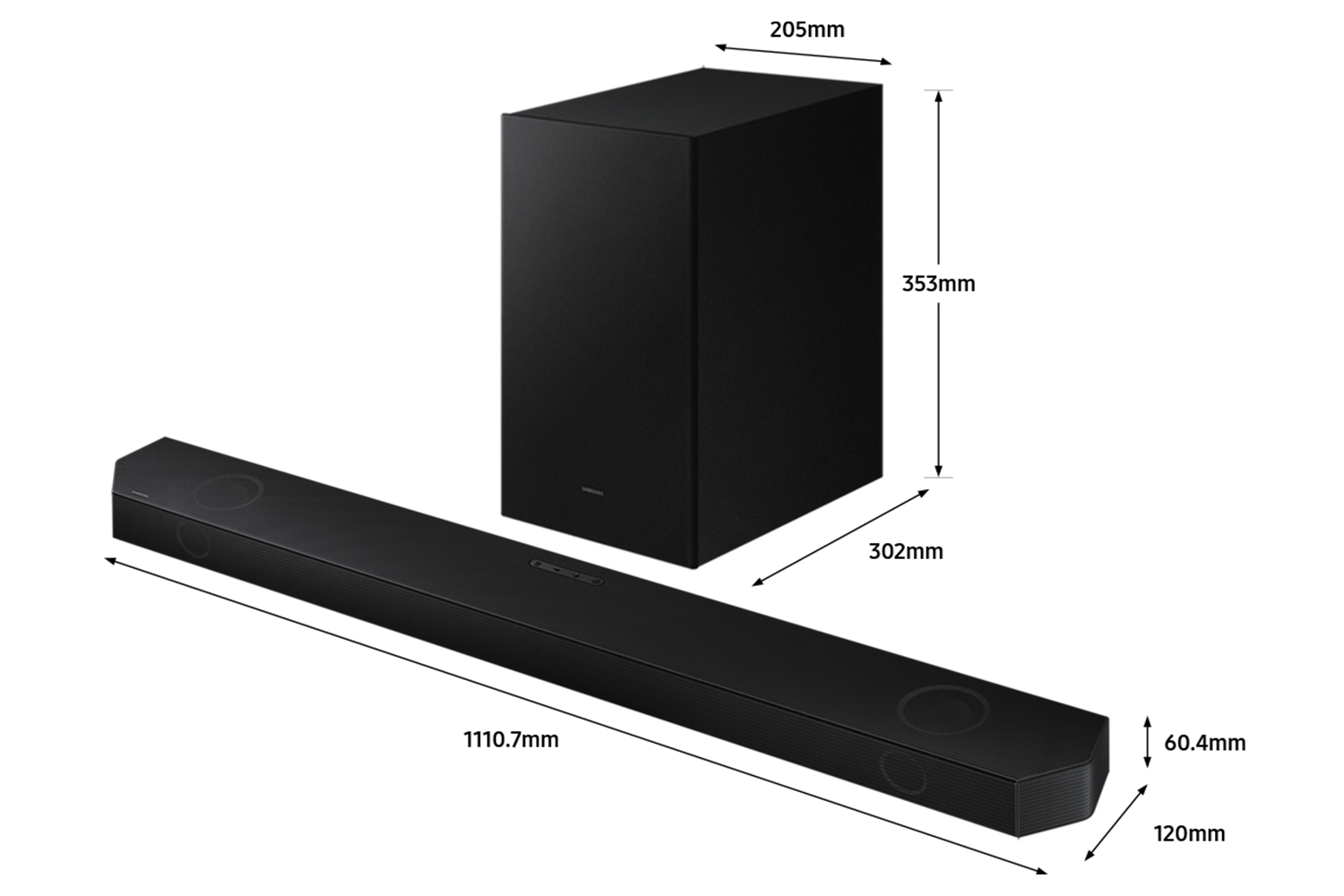 Dimension of Samsung Soundbar HW-Q700B(1110.7x60.4x120 mm) with its subwoofer(302x353x205 mm).  Dimension of 1110.7mm Samsung Soundbar HW-Q700B with its subwoofer.