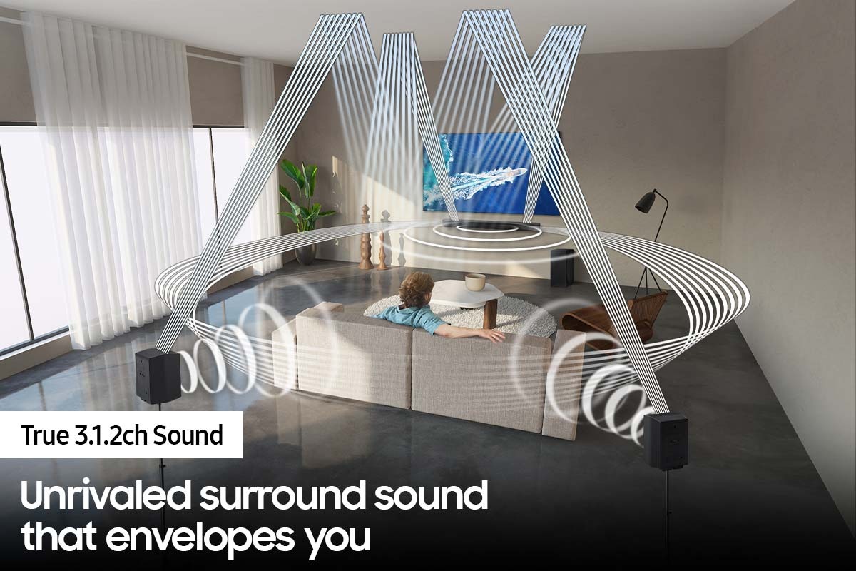 Various soundwave graphics coming from soundbar illustrate True 3.1.2ch sound.