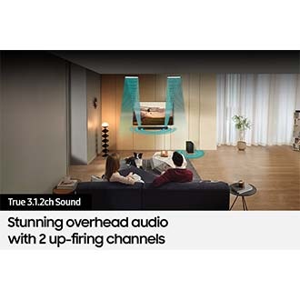 Various sound wave graphics coming from Soundbar illustrate True 3.1.2ch sound.