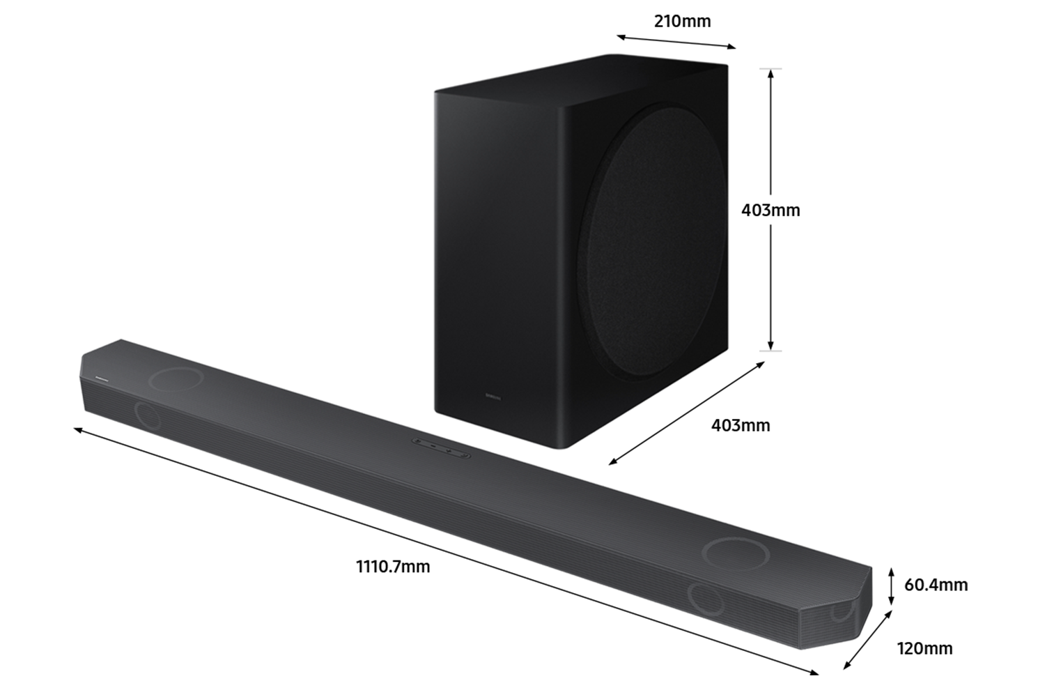Dimension of Samsung Soundbar HW-Q800B(1110.7x60.4x120 mm) with its subwoofer(403x403x210 mm).  Dimension of 1110.7mm Samsung Soundbar HW-Q800B with its subwoofer.