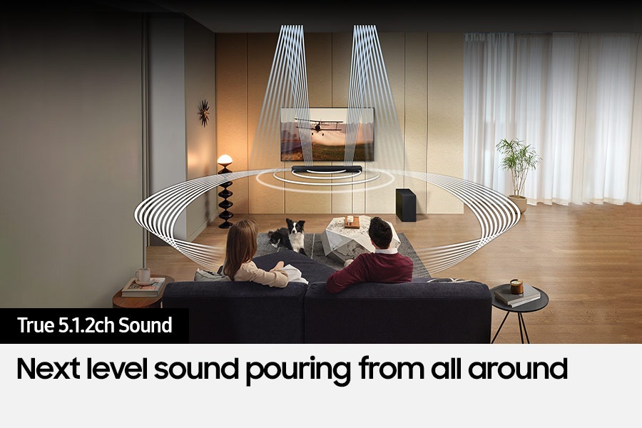 Various sound wave graphics coming from the Soundbar illustrate multi directional sound.