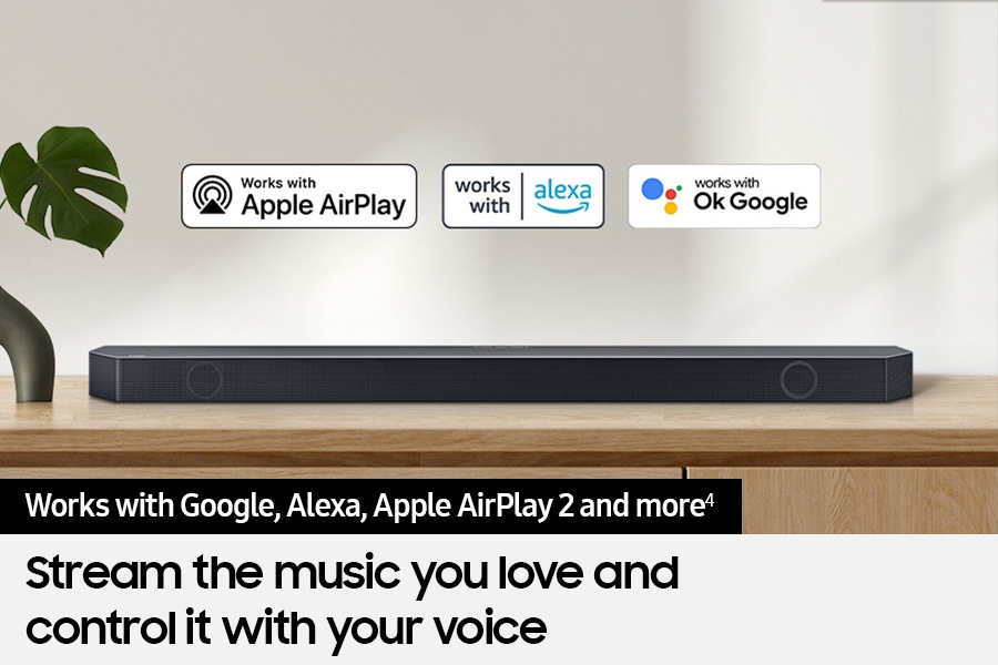 Works with Apple AirPlay, Alexa and OK Google logos with a Samsung Q series Soundbar.