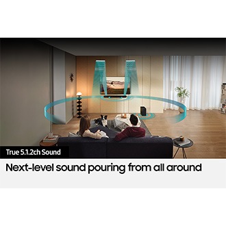 Various sound wave graphics coming from Soundbar illustrate True 5.1.2ch sound.