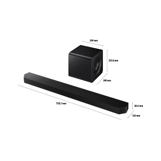 Dimensions of Samsung Soundbar HW-Q800F (1110.7 x 60.4 x 120 mm) with its subwoofer (249 x 251.8 x 249 mm).	