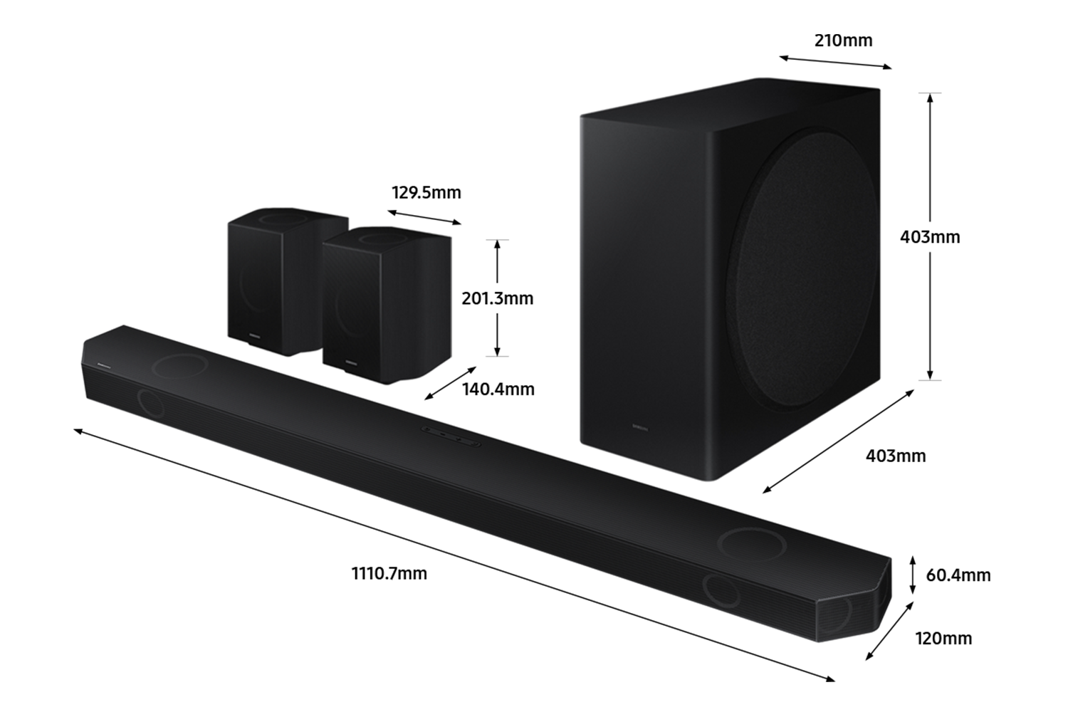 Dimension of Samsung Soundbar HW-Q930B(1110.7x60.4x120 mm) with its subwoofer(403x403x210 mm), and rear speaker(140.4x201.3x129.5 mm).  Dimension of 110.7mm Samsung Soundbar HW-Q930B with its subwoofer and rear speaker.