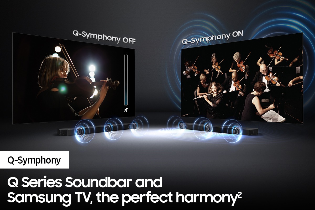 Samsung soundbar with Q-symphony sound together with Samsung TV.