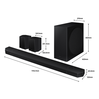 Dimension of Samsung Soundbar HW-Q930B(1110.7x60.4x120 mm) with its subwoofer(403x403x210 mm), and rear speaker(140.4x201.3x129.5 mm).  Dimension of 110.7mm Samsung Soundbar HW-Q930B with its subwoofer and rear speaker.