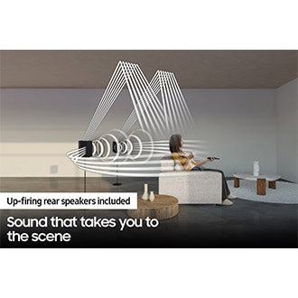 Soundwave graphics demonstrate Q930B wireless rear speaker's upfiring capability in addition to normal sound output direction.