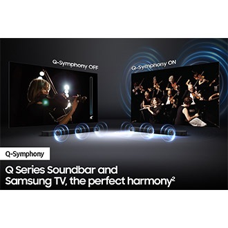 Samsung soundbar with Q-symphony sound together with Samsung TV.