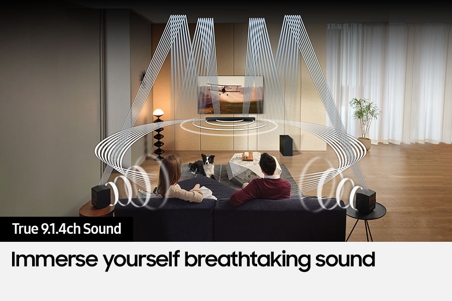 Various sound wave graphics coming from the Soundbar illustrate multi directional sound.