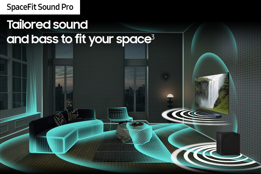 SpaceFit Sound Pro analyses a living room, then optimises the Samsung TV and Soundbar sound settings.