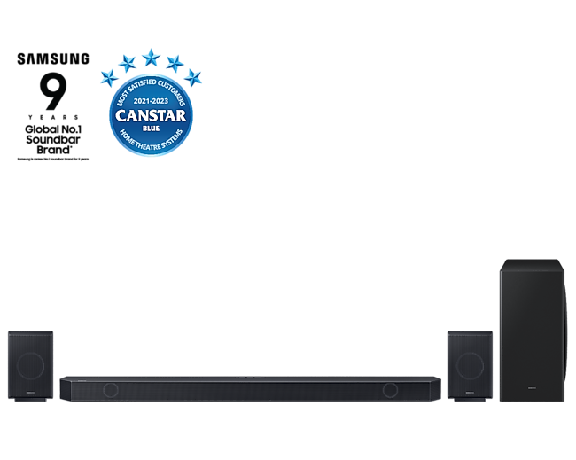 HW-Q930C Q-Series Soundba front on with Canstar award 2021-2022 Most satisfied customers Home Theatre Systems