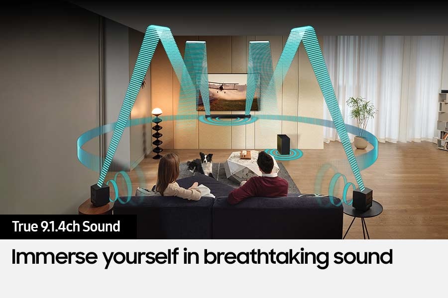 Various sound wave graphics coming from the Soundbar illustrate True 9.1.4ch sound.