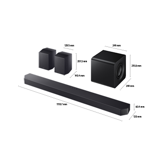 Dimensions of Samsung Soundbar HW-Q930F (1110.7 x 60.4 x 120 mm) with its subwoofer(249 x 251.8 x 249 mm), and rear speakers(129.5 x 201.3 x 140.4 mm).	