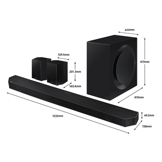 Dimension of Samsung Soundbar HW-Q990B(1232x69.5x138 mm) with its subwoofer(410x413x220mm), and rear speaker(140.4x201.3x129.5 mm).  Dimension of 1232mm Samsung Soundbar HW-Q990B with its subwoofer and rear speaker.