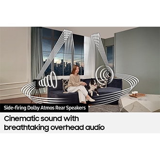 Sound wave graphics show Q990C wireless rear speaker's front, side and up-firing capabilities.