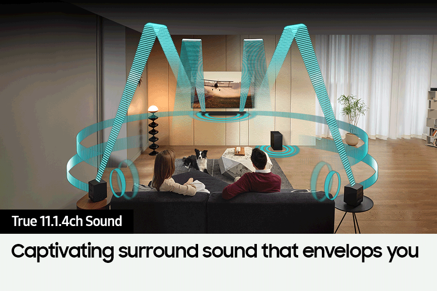 Various sound wave graphics coming from the Soundbar illustrates True 11.1.4ch sound.