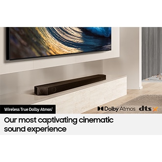 Samsung Soundbar connected wirelessly to TV. Dolby Atmos logo and DTS:X logo.