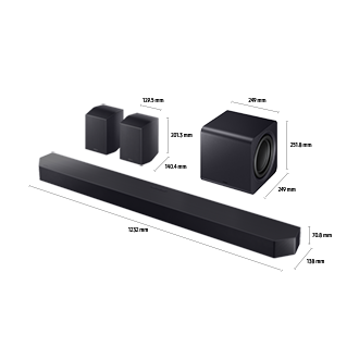 Dimensions of Samsung Soundbar HW-Q990F(1232 x 70.8 x 138 mm) with its subwoofer(249 x 251.8 x 249 mm), and rear speakers(129.5 x 201.3 x 140.4 mm).	