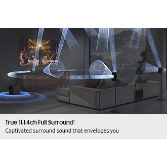 Living room with TV and Q990F setup. Sound waves from soundbar, subwoofer and rear speakers travel around and fill the room.