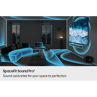 A living room with TV and soundbar being analyzed by SpaceFit Sound Pro, indicated by sound waves travelling over the space.