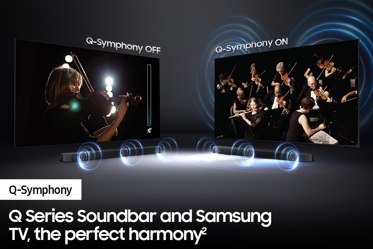 Samsung soundbar with Q-symphony sound together with TV.