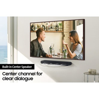 Simulated sound wave graphics leave the soundbar from its center, illustrating built-in center speaker.