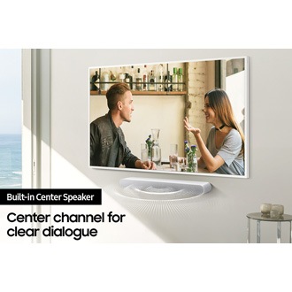 Simulated sound wave graphics leave the soundbar from its center, illustrating built-in center speaker.