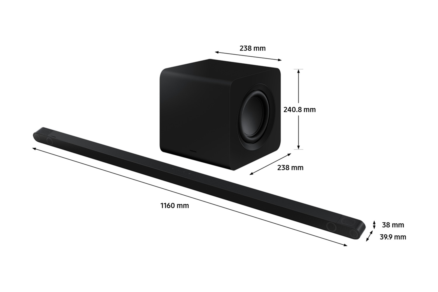 Dimension of Samsung Soundbar HW-S800B(1160.0 x 38 x 39.9 mm) with its subwoofer(240.8 x 238.0 x 23.8 mm). Dimension of 1160.0 mm Samsung Soundbar HW-S800B with its subwoofer.