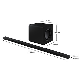 Dimension of Samsung Soundbar HW-S800B(1160.0 x 38 x 39.9 mm) with its subwoofer(240.8 x 238.0 x 23.8 mm). Dimension of 1160.0 mm Samsung Soundbar HW-S800B with its subwoofer.