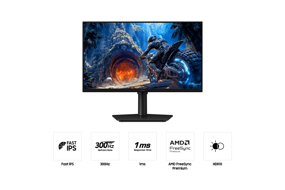 Front of the Samsung Odyssey G4. Five icons for features about Fast IPS, 300Hz refresh rate, 1ms response time, AMD FreeSync Premium, and HDR10.